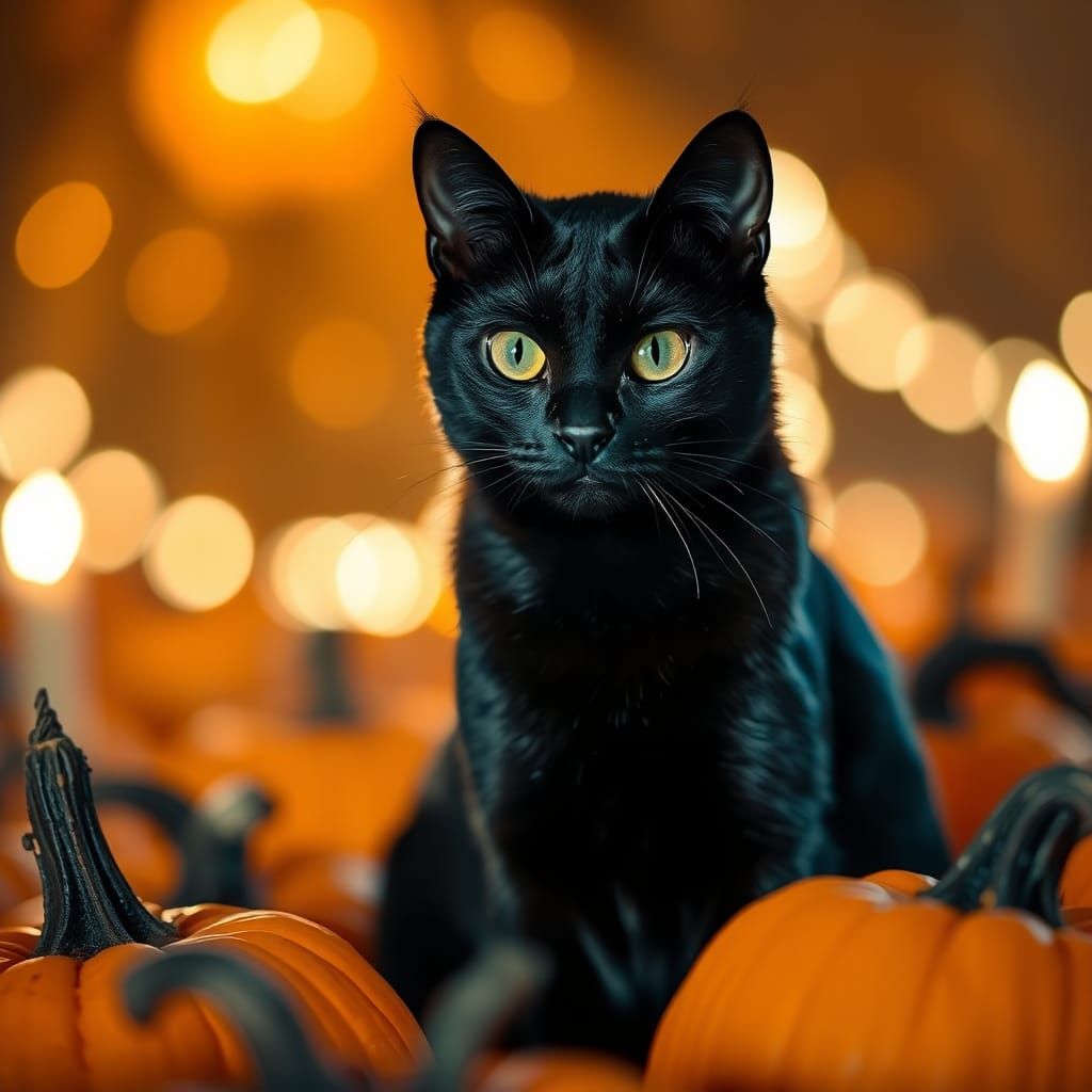 Black Cat Among Pumpkins on Halloween Night