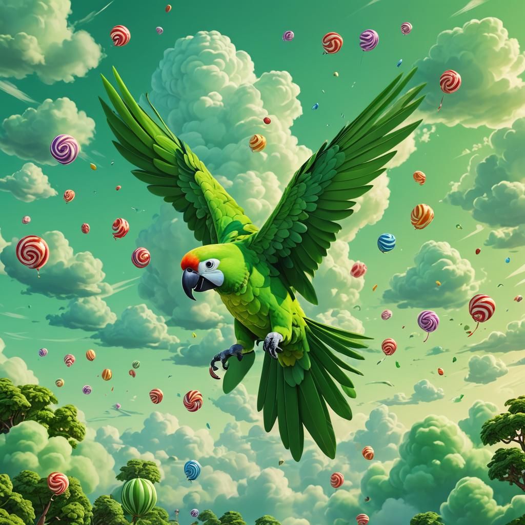 Cartoon Parrot Flying in Candy Sky