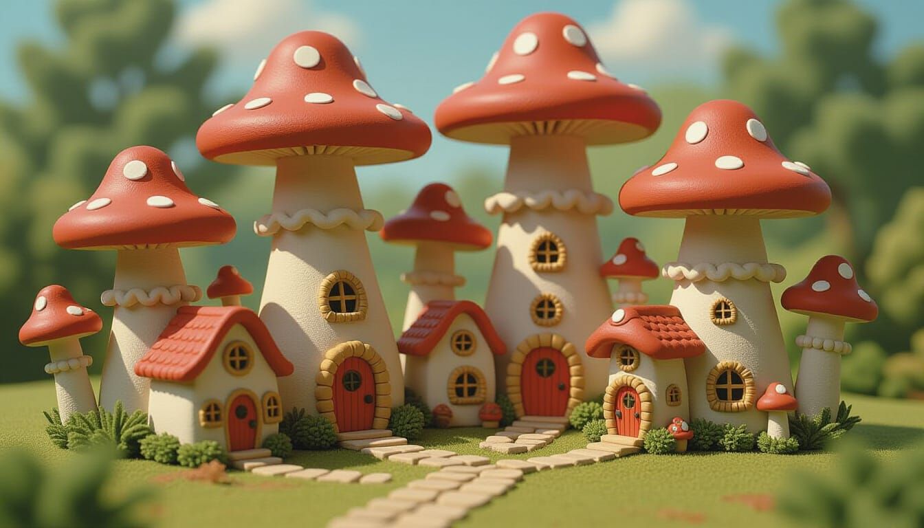 Fantasy Mushroom Village in Claymation Style
