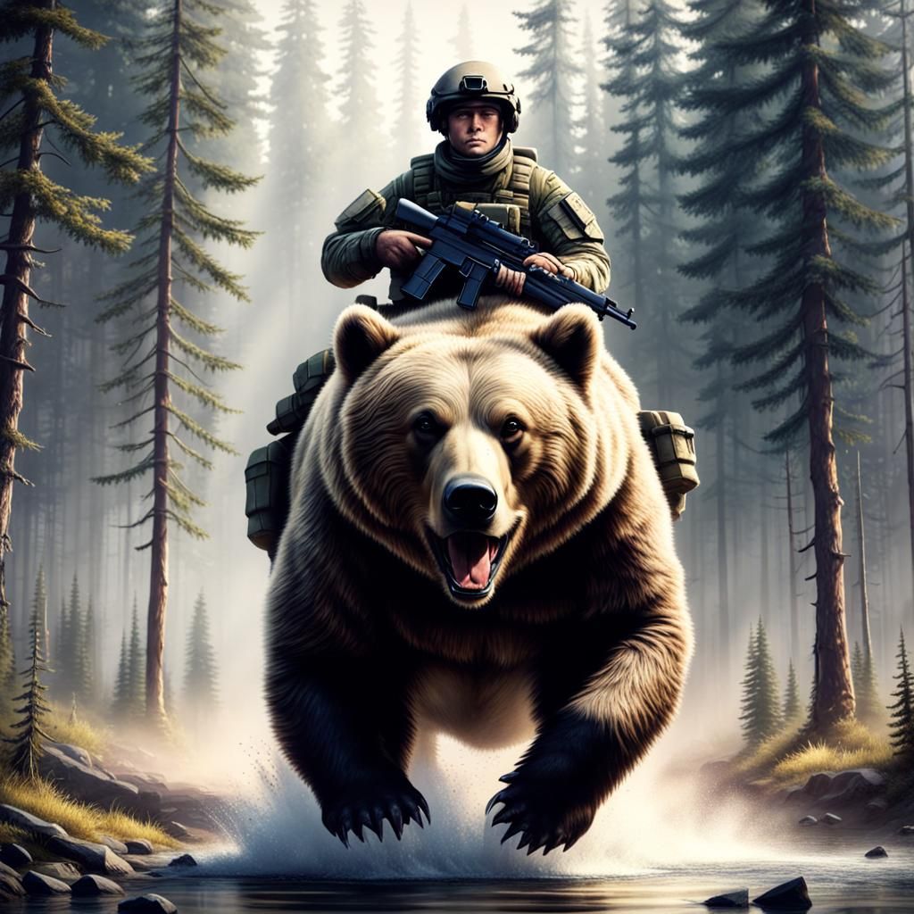 Futuristic Soldier Riding a Bear: Digital Art