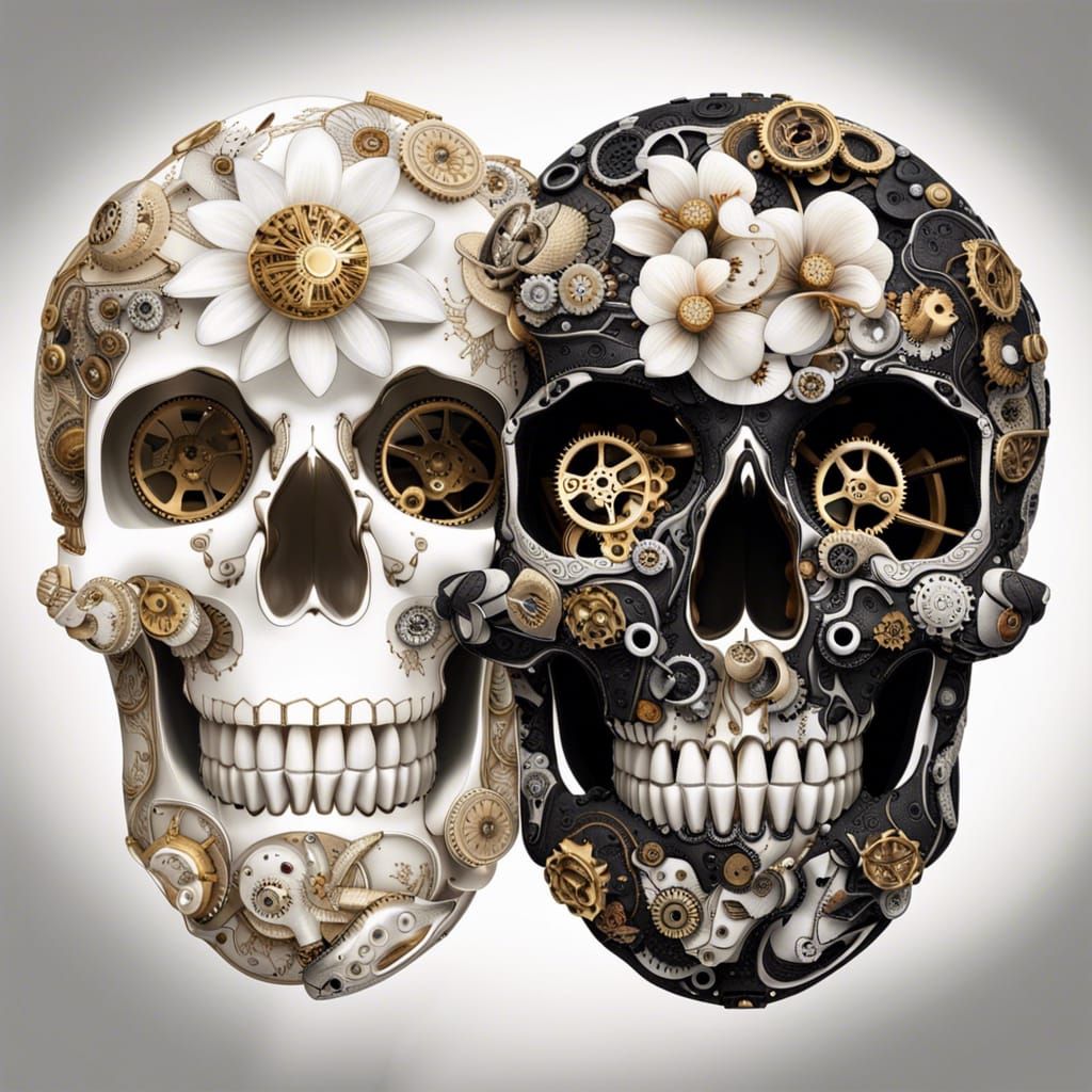 Yin Yang Skulls with Watch Mechanism, as Graffiti Art