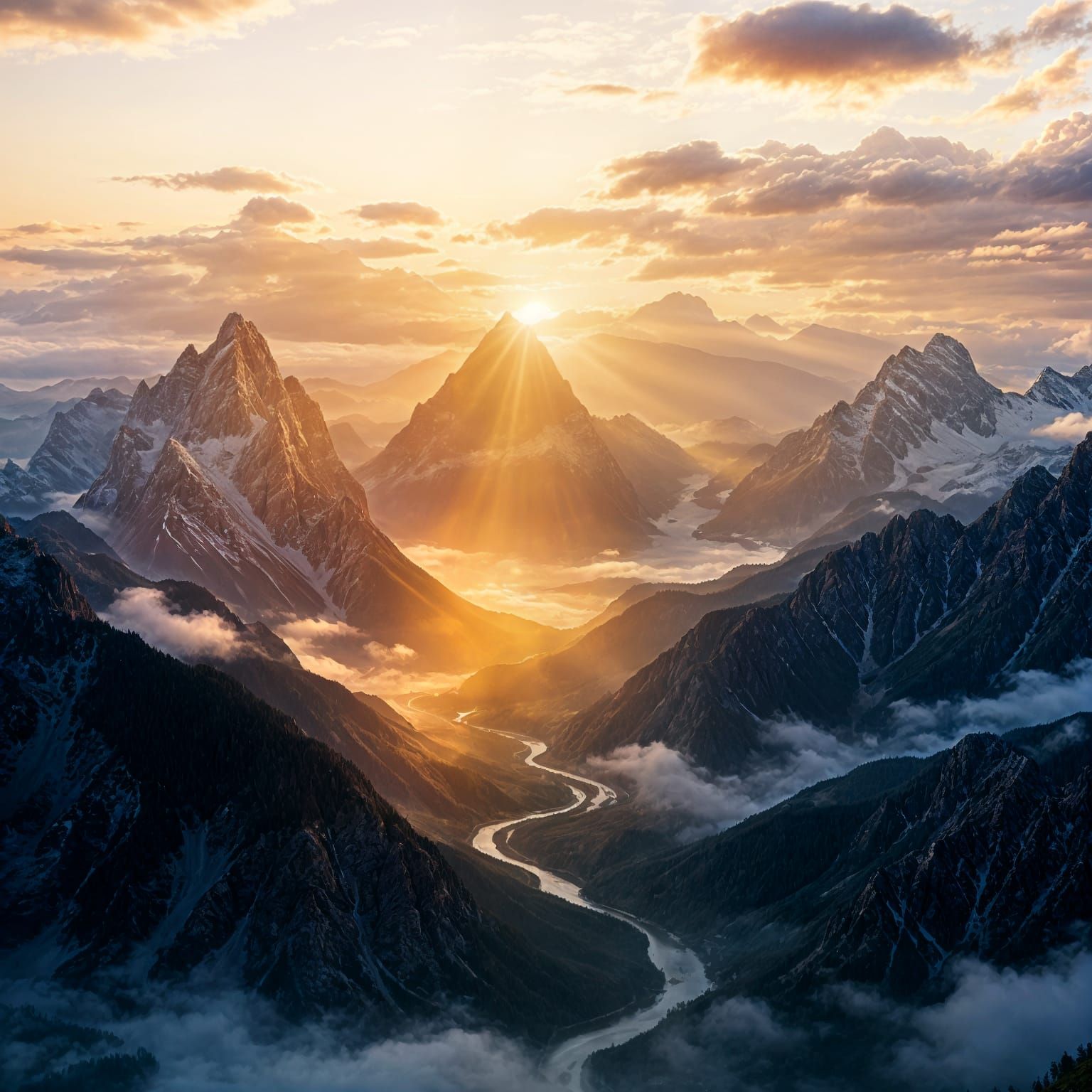 Majestic Fantasy Mountains at Sunrise with Golden Light