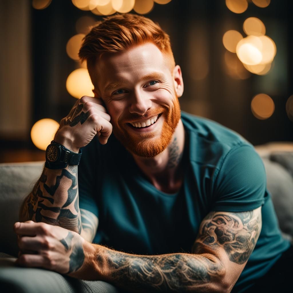 Smiling Ginger Man with Tattoos in Natural Light