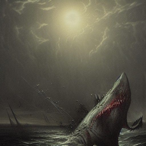 Zombie Shark Attack on Fishing Boat: Horror Art
