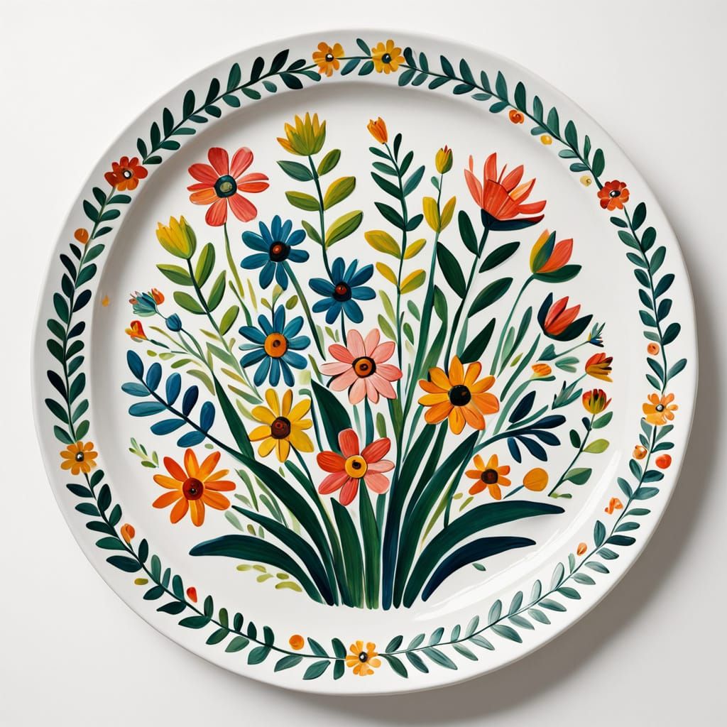 Floral Ceramic Plate in Naive Folk Art Style