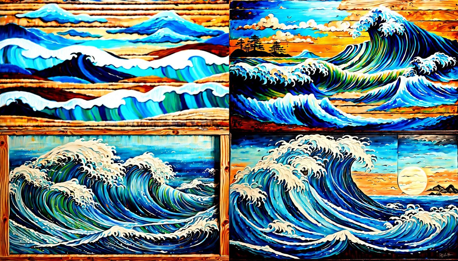 Japanese Style Ocean Waves Painting on Wood