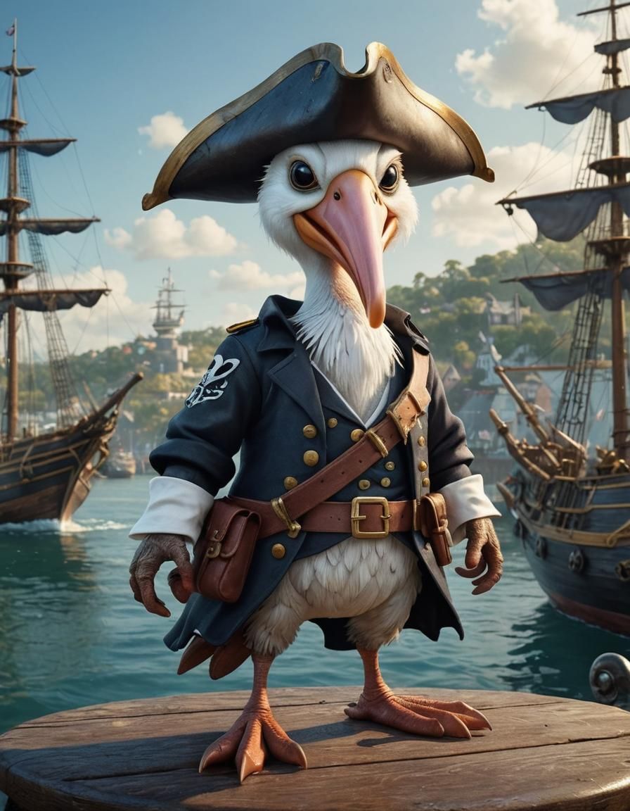 Pelican Pirate in Harbor: Digital Illustration