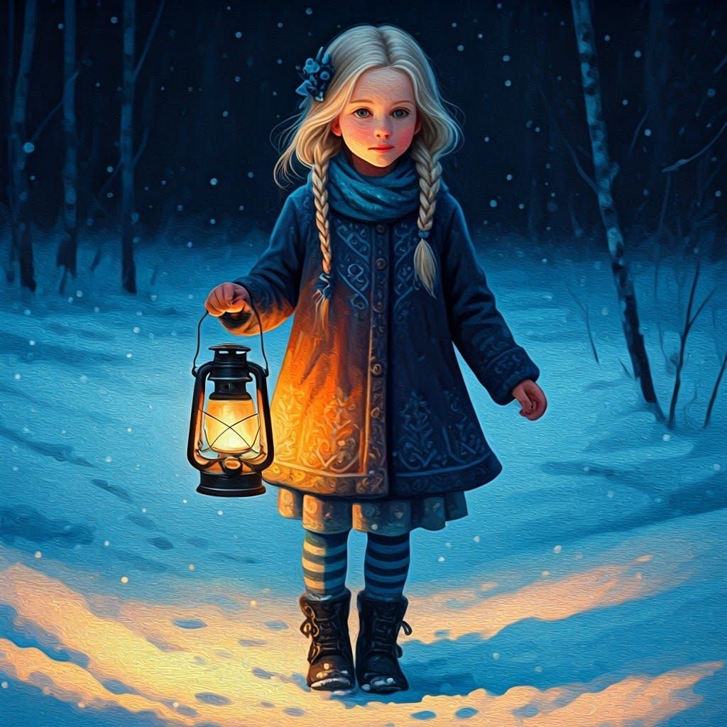 Girl Illuminates Winter Wonderland with Golden Lantern