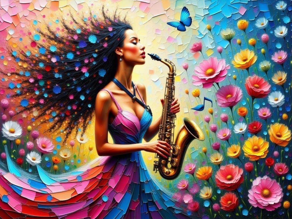 Vibrant Woman Lost in Rhythmic Abstraction