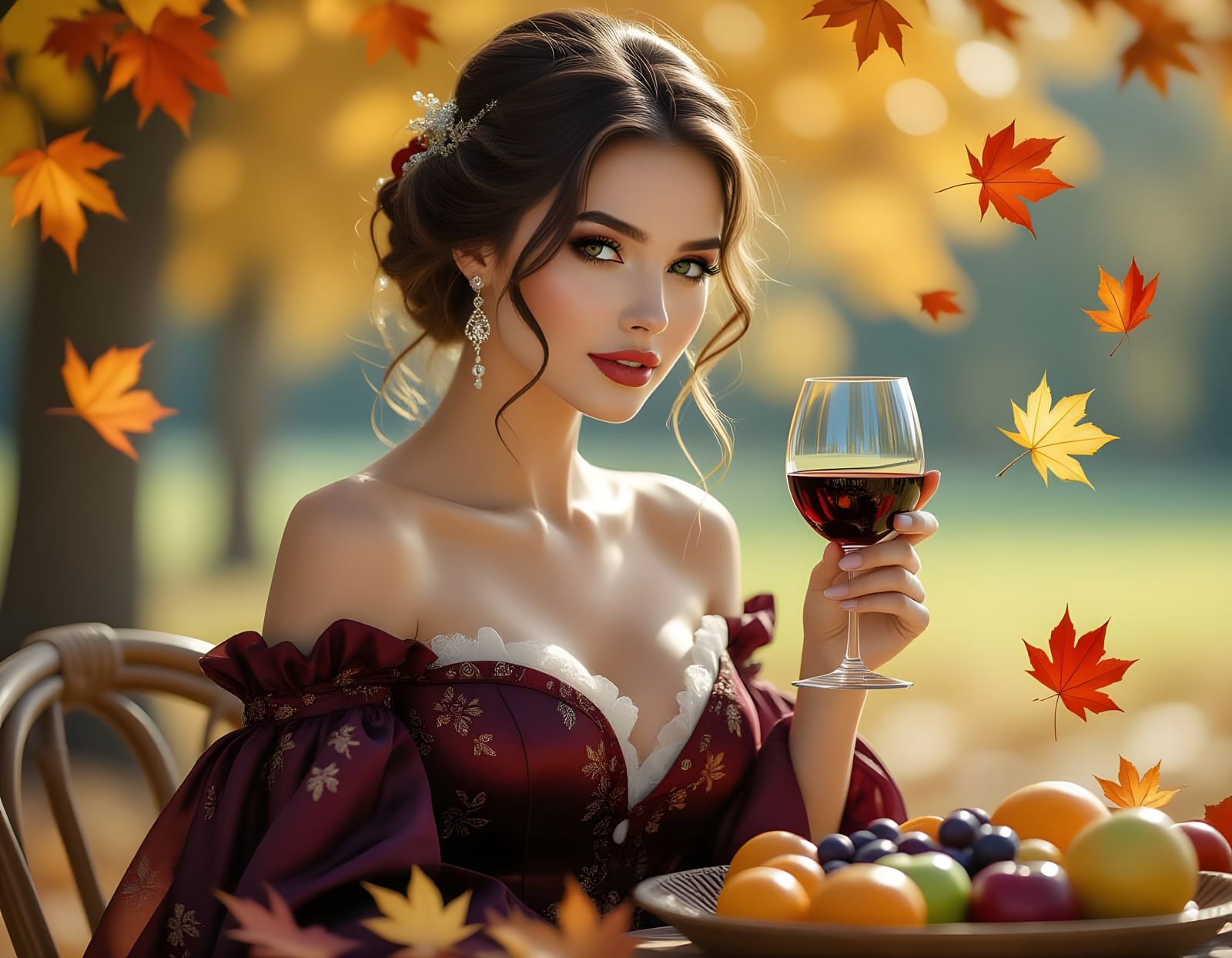 Autumn Woman with Wine: Hyperrealistic Photography