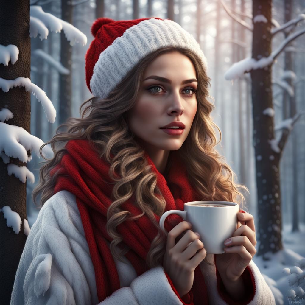 Beautiful Woman Enjoying Coffee in Winter Forest