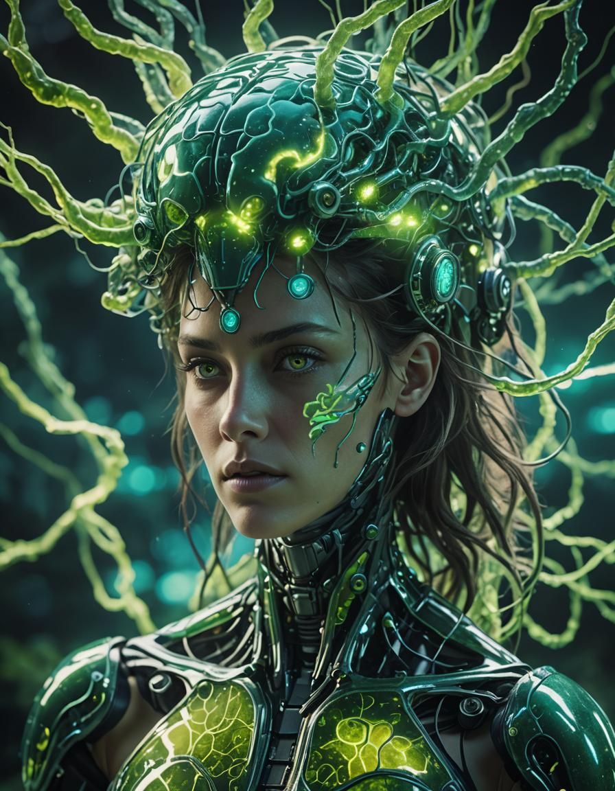 Bioluminescent Algae Cyborg in Cyberpunk Style