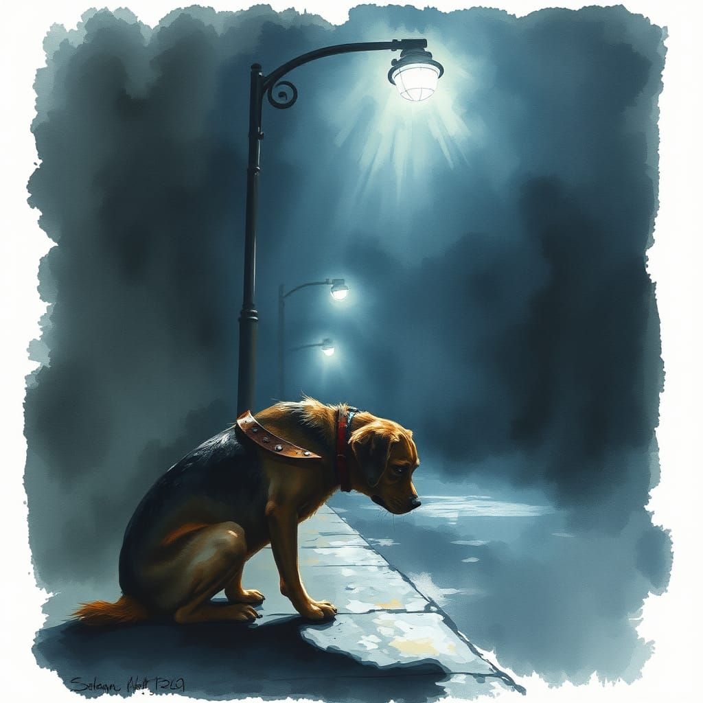 Eerie Watercolor: Lonely Dog in the Rain