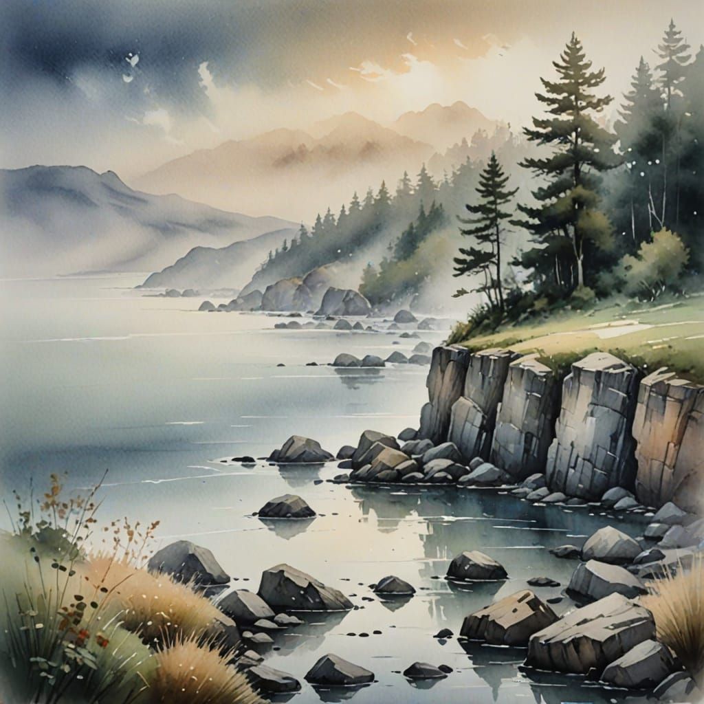 Dreamy Landscape Painting with Soft Focus and Muted Colors