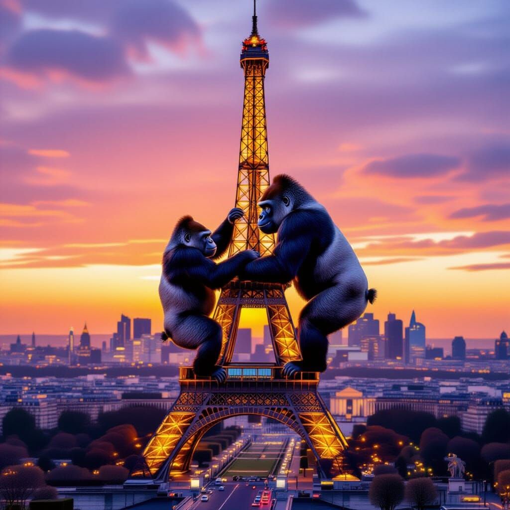 Photorealistic Gorilla Climbs Eiffel Tower at Golden Hour