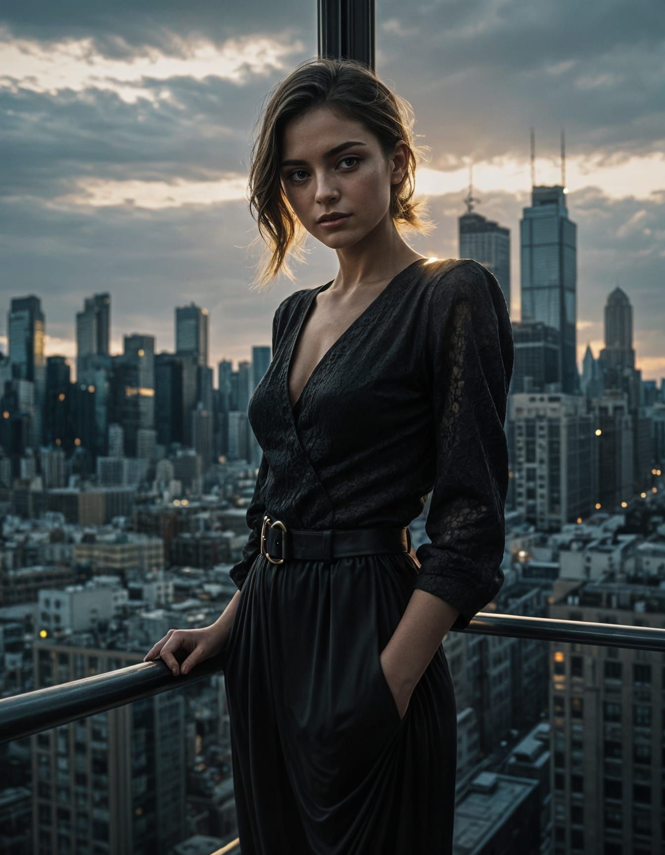 Elegant Woman in Black Attire Embracing Sunset Cityscape