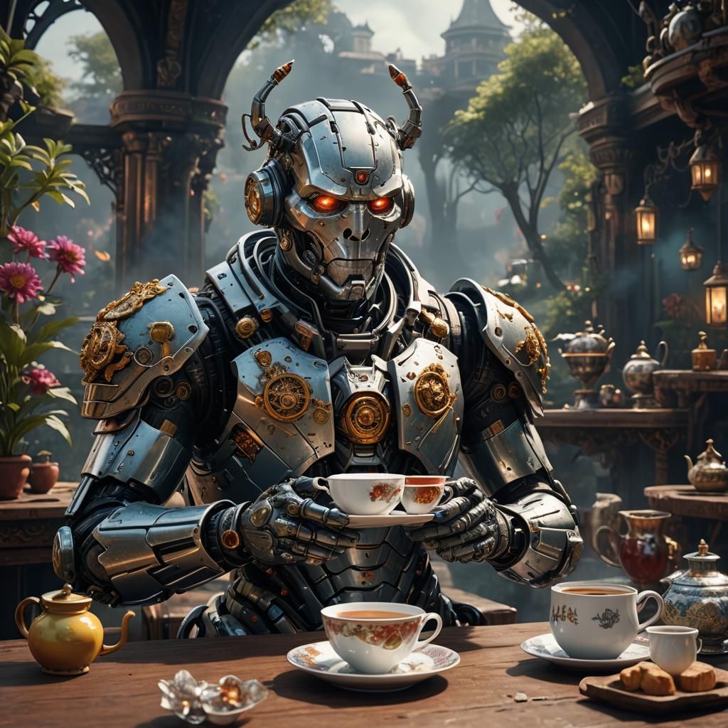 Cyborg Tea Time: Detailed Fantasy Concept Art