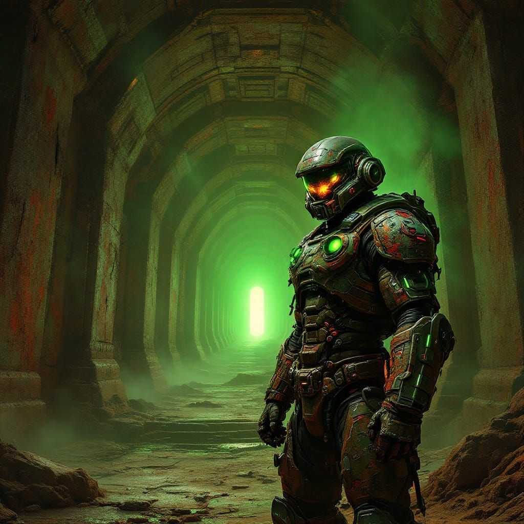 Doom Marine at Martian Temple Entrance in Cyberpunk Style