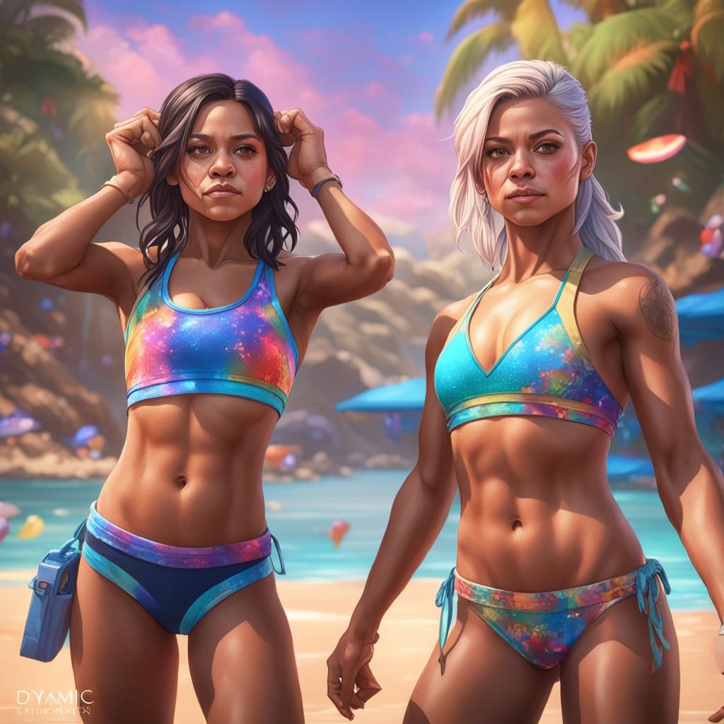 Realistic Portrait of Two Women in Bikinis