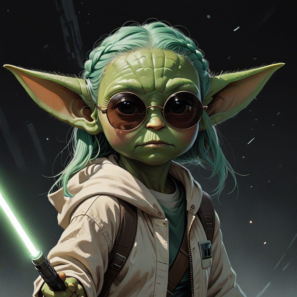 Girl with Baby Yoda in Digital Illustration