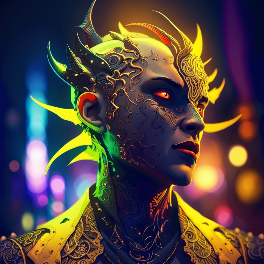 Cyberpunk Demon Portrait on Moonlit Street