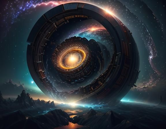 Spacecraft Navigates Swirling Wormhole in Atompunk Style