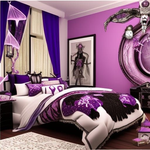 Gothic Purple Bedroom with Skulls in Woodblock Print Style