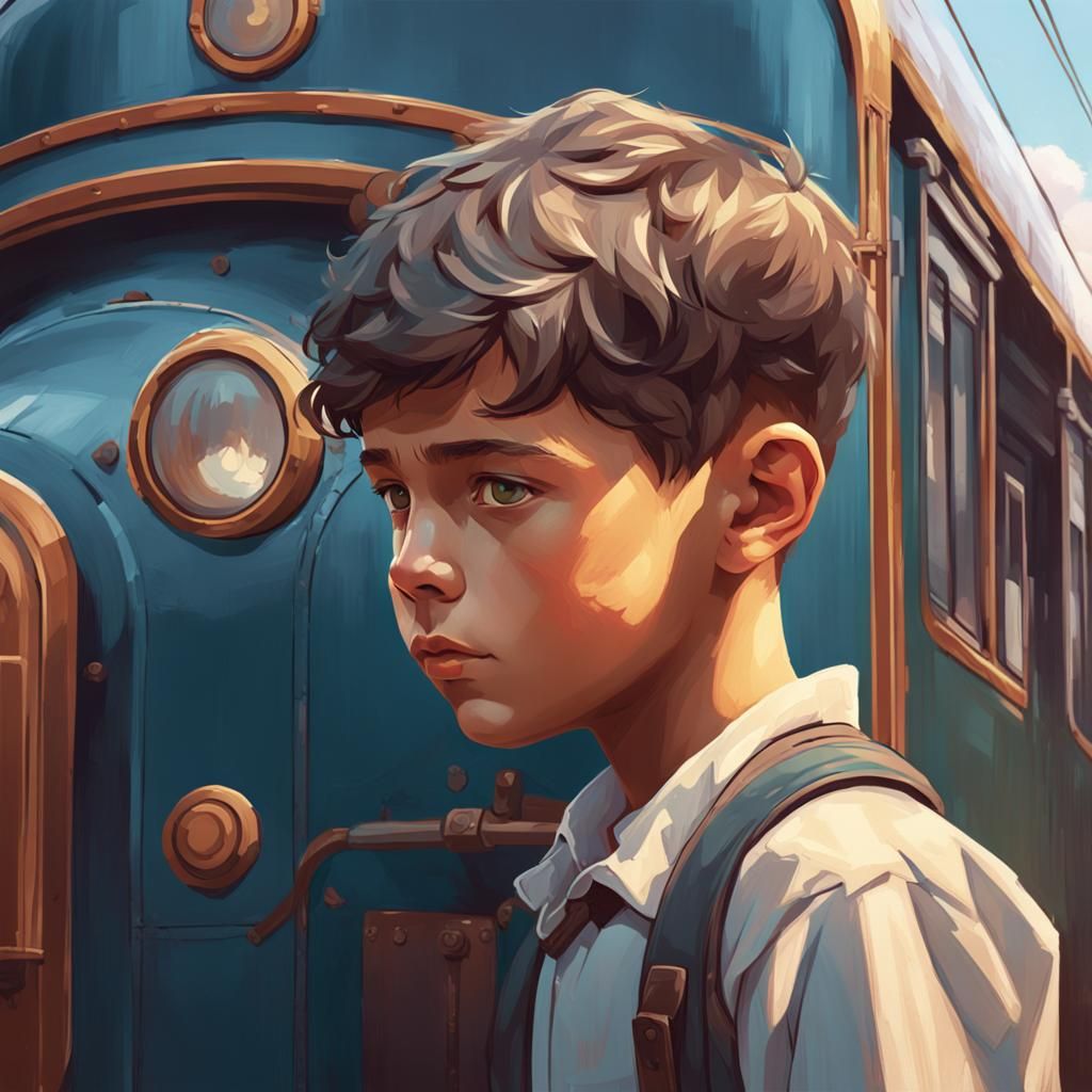 Boy Fixing Vintage Train, Hyperdetailed Portrait