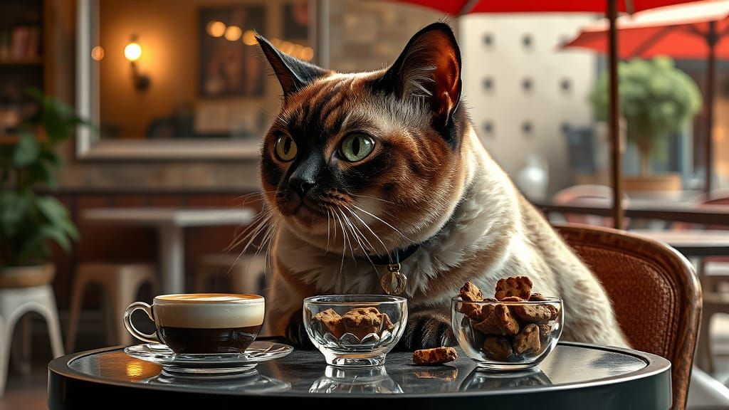 Cheeky Siamese Cat Enjoys Cappuccino at Cafe