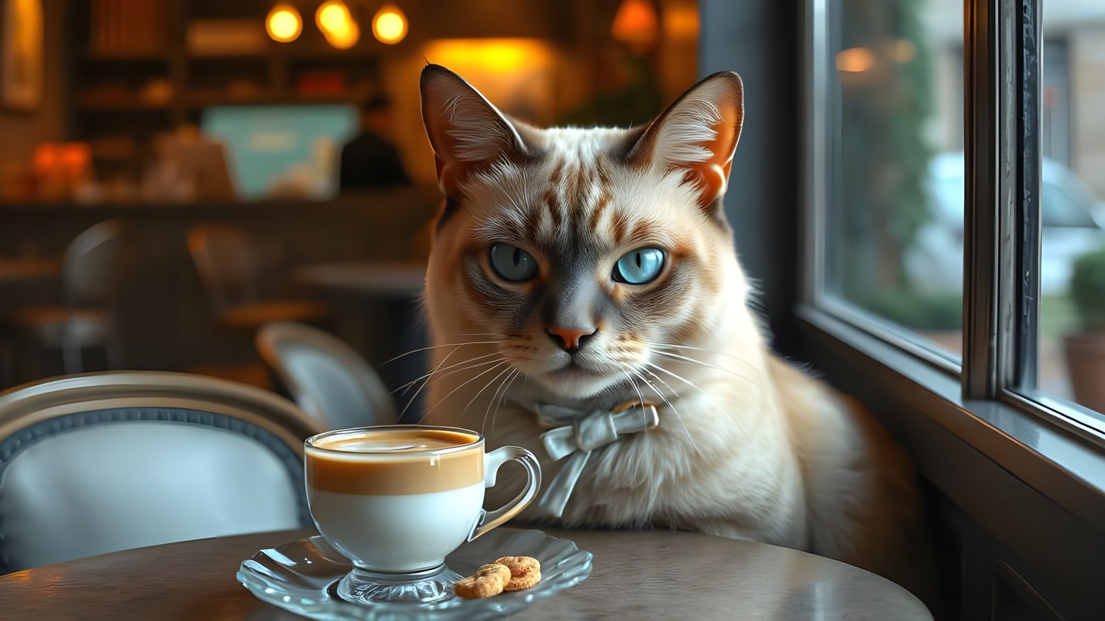 Cheeky Siamese Cat Enjoys Cappuccino at Cafe