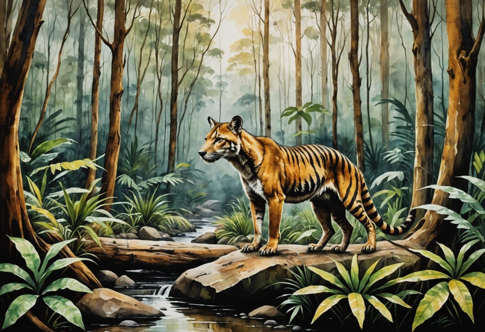 Tasmanian Tiger in Vibrant Australian Rainforest