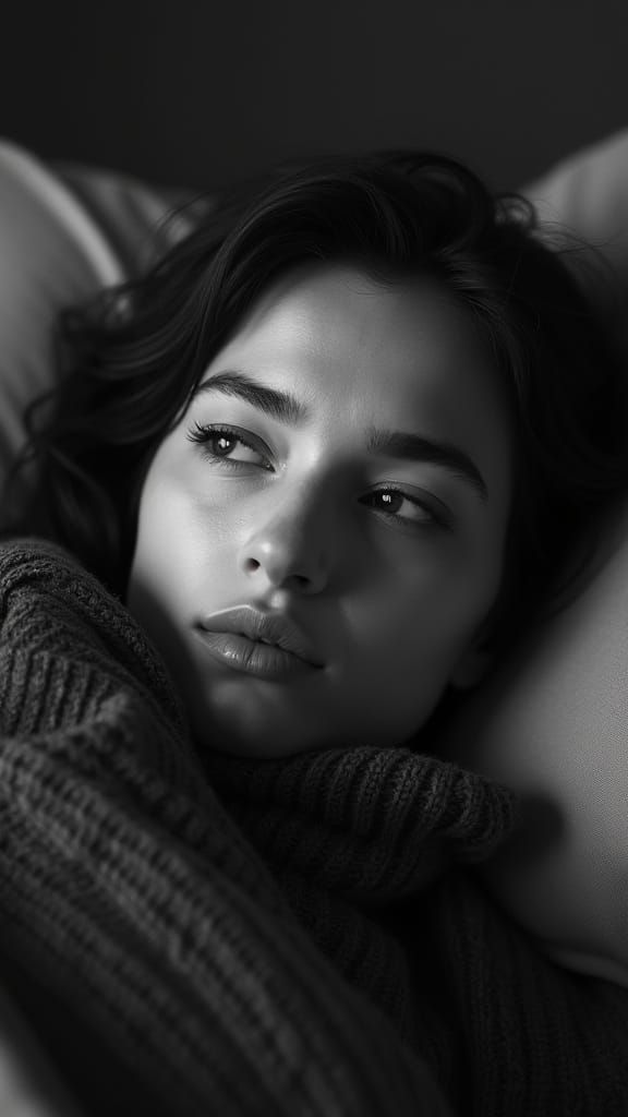 Contemplative Woman: Soft Focus Black and White Portrait