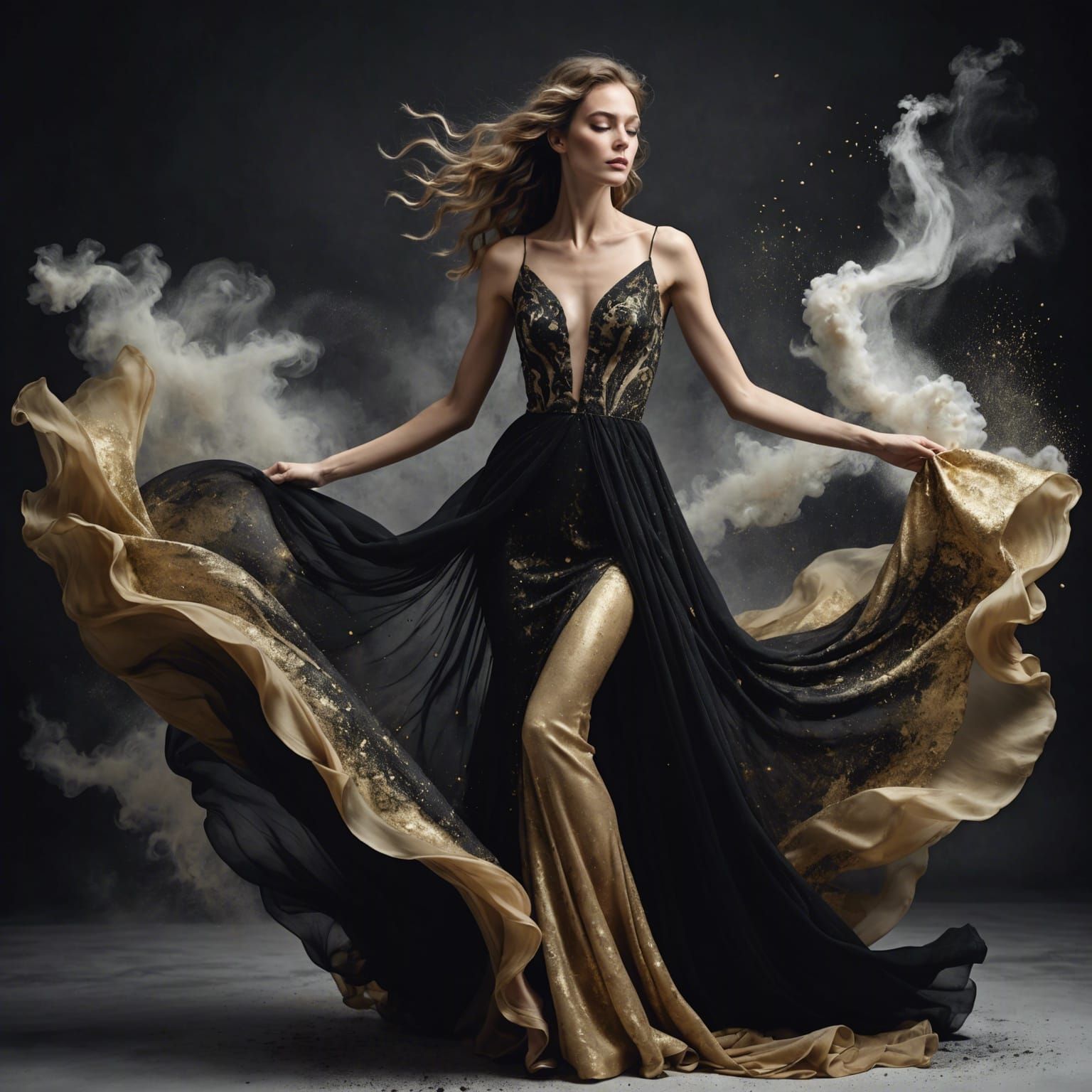 Elegant Woman Surrounded by Swirling Powder
