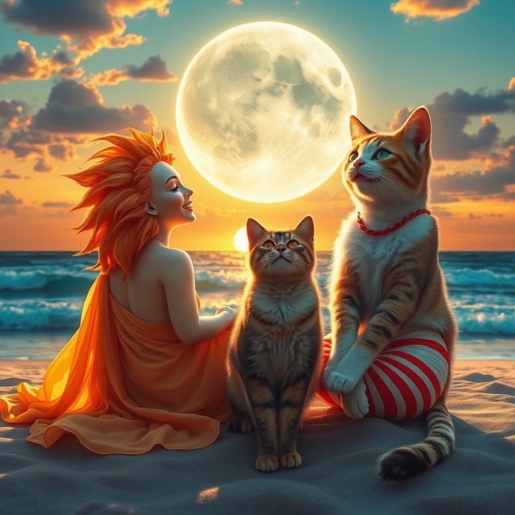 Sun and Moon Ask Cat the Time on Beach