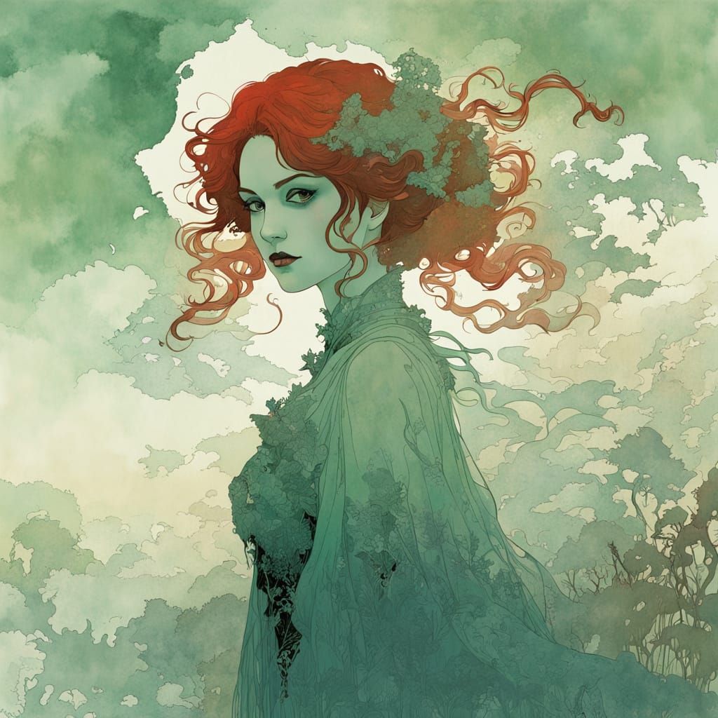 Foggy Silhouette with Green Eyes and Red Hair