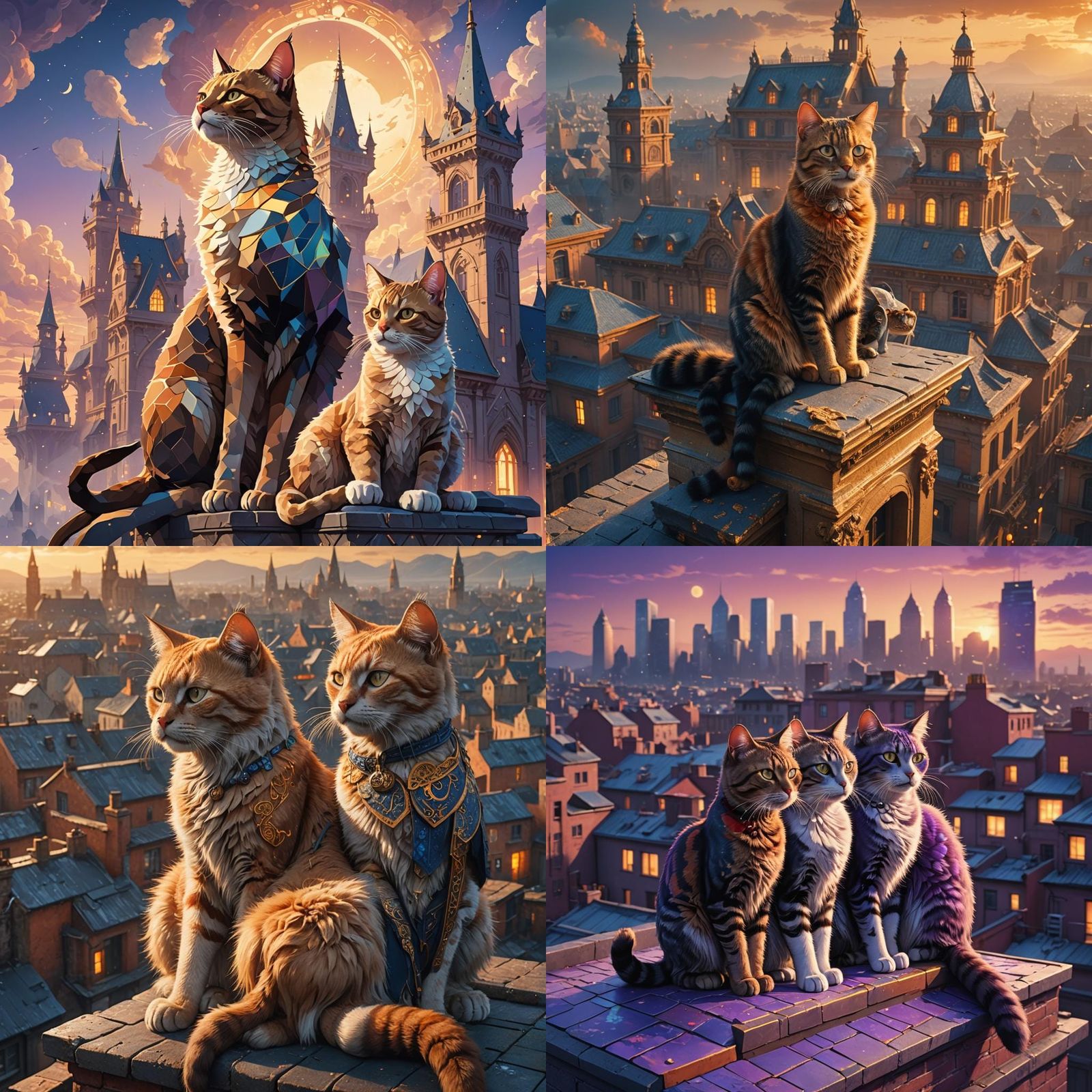 Two Cats Cuddling on a Building in Fantasy Art Style