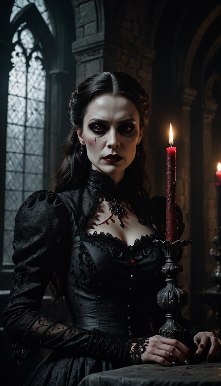 Gothic Vampire Woman in Candle-lit Castle Chamber