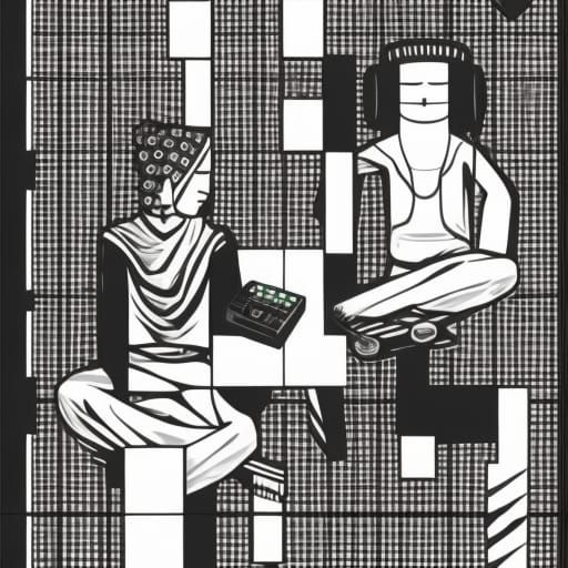 Meditators in Tetris Arcade Machine, Linocut Style