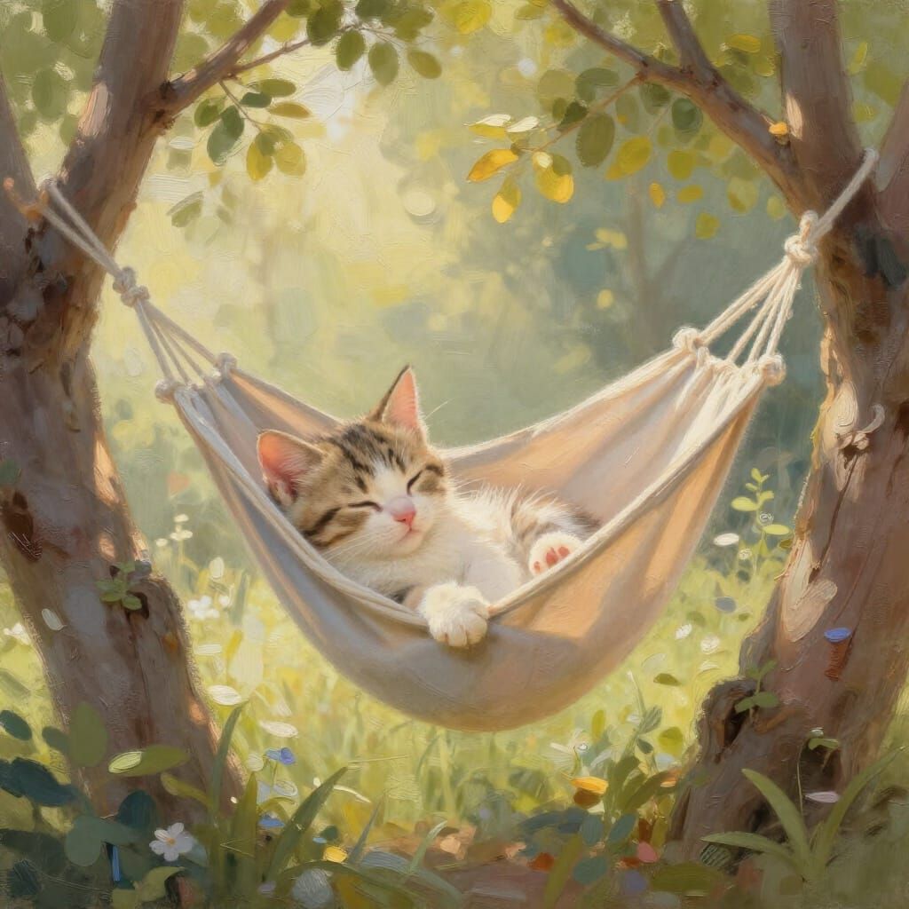 Adorable Kitten Napping in Sunny Hammock