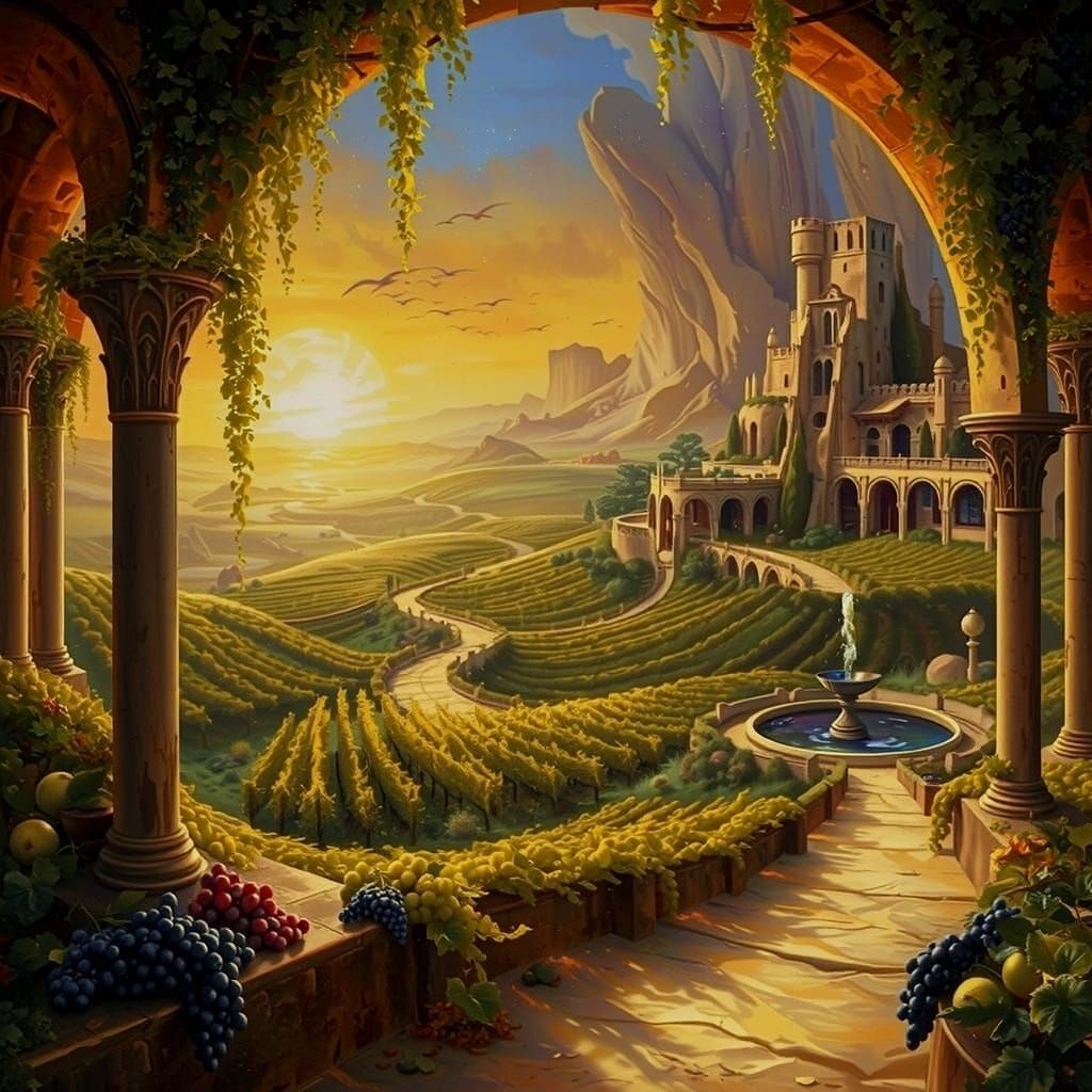 Whimsical Desert Vineyard Scene in High Fantasy Style