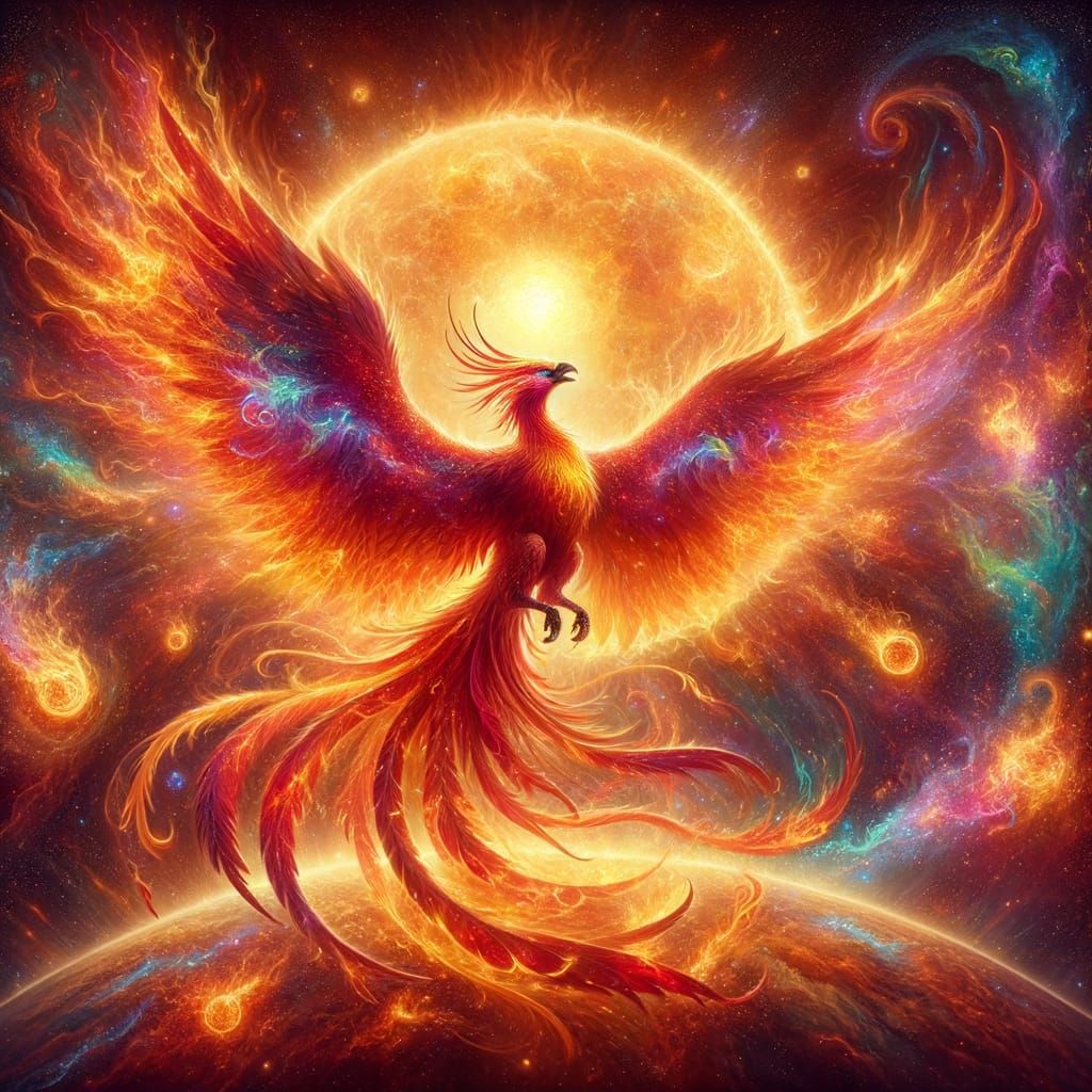 Fiery Phoenix Reborn from a Glowing Sun