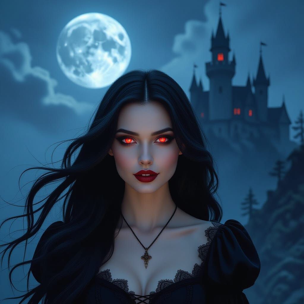 Gothic Dracula's Castle Scene with Mysterious Woman