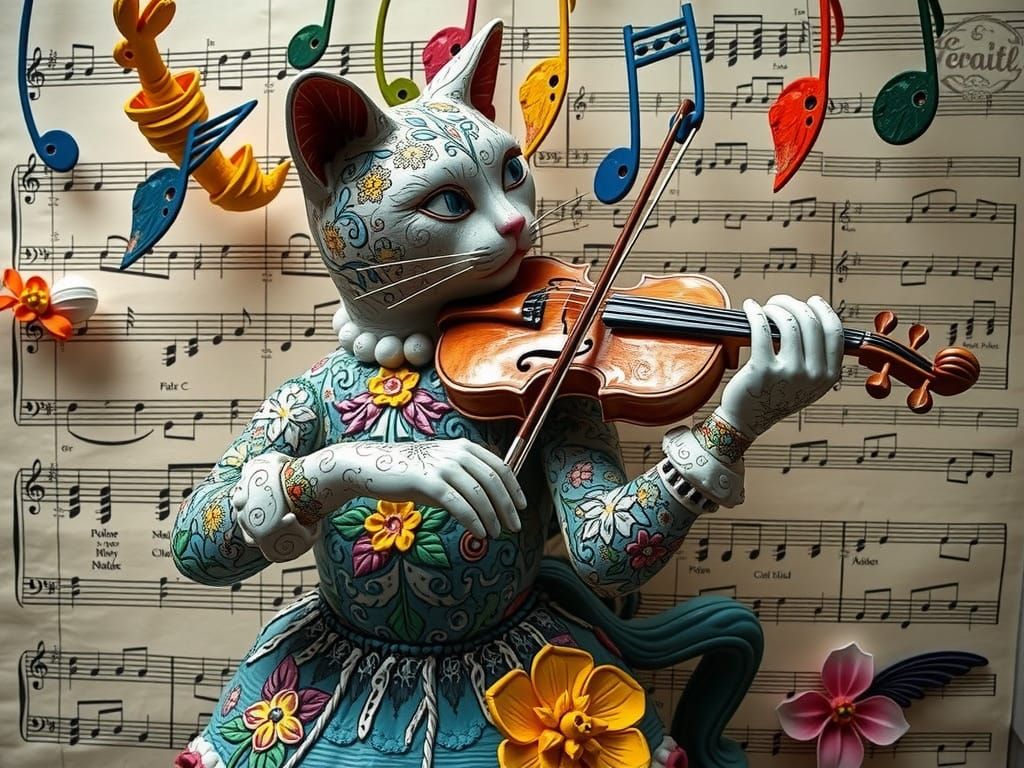 Ceramic Cat Violinist Sculpture in Haeckel Style