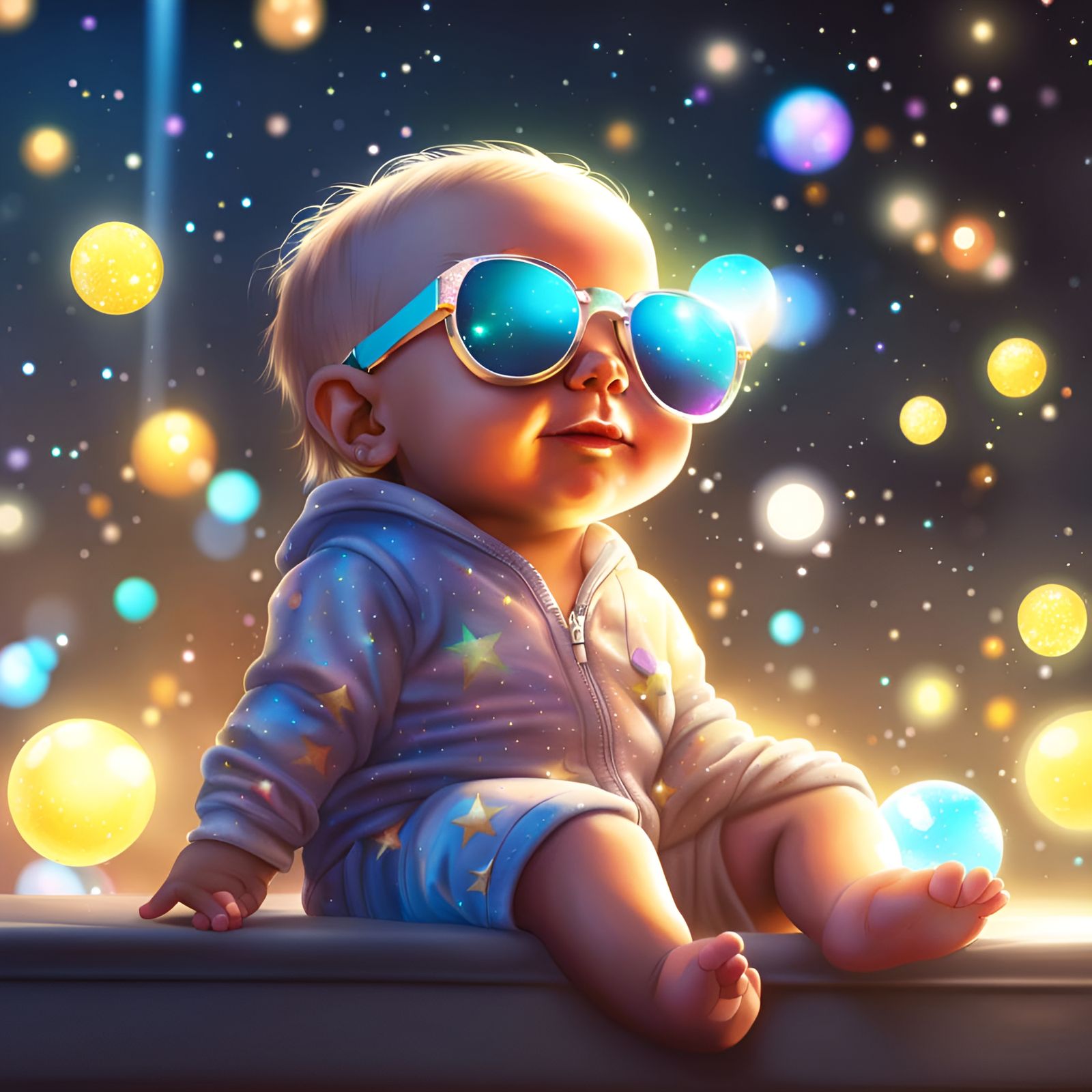 Adorable Baby with Star Glasses, Hyperdetailed Concept Art