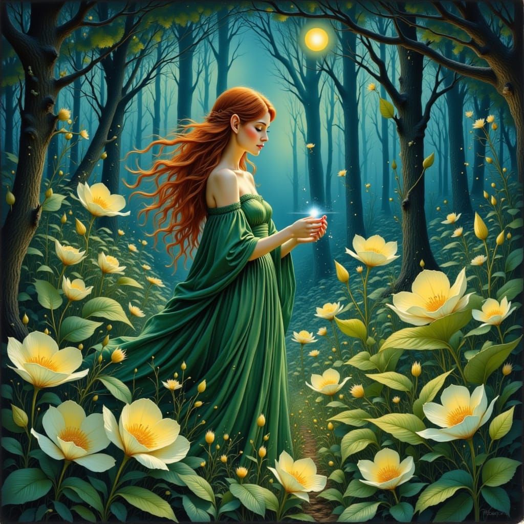 Whimsical Elf Tends Bioluminescent Garden in Watercolor Styl...