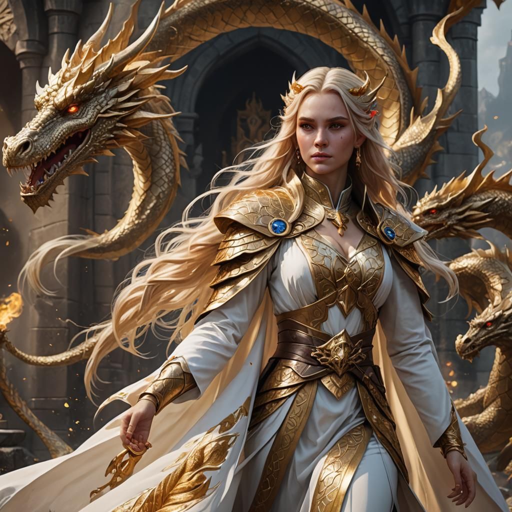 Fantasy Woman in Gold Robes with Dragon Scales