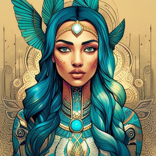 Egyptian Princess with Golden Outlines, Digital Art