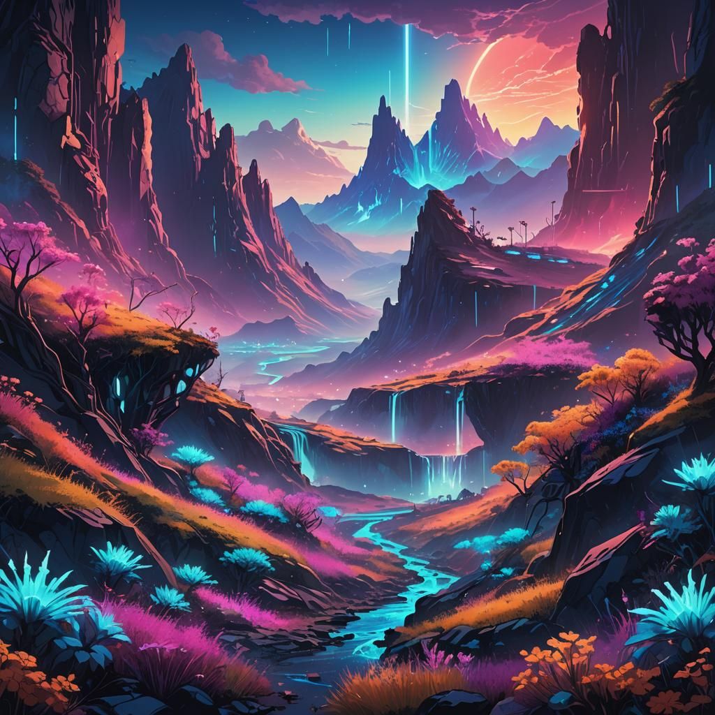 Vibrant Sci-Fi Valley with Fluorescent Mountains