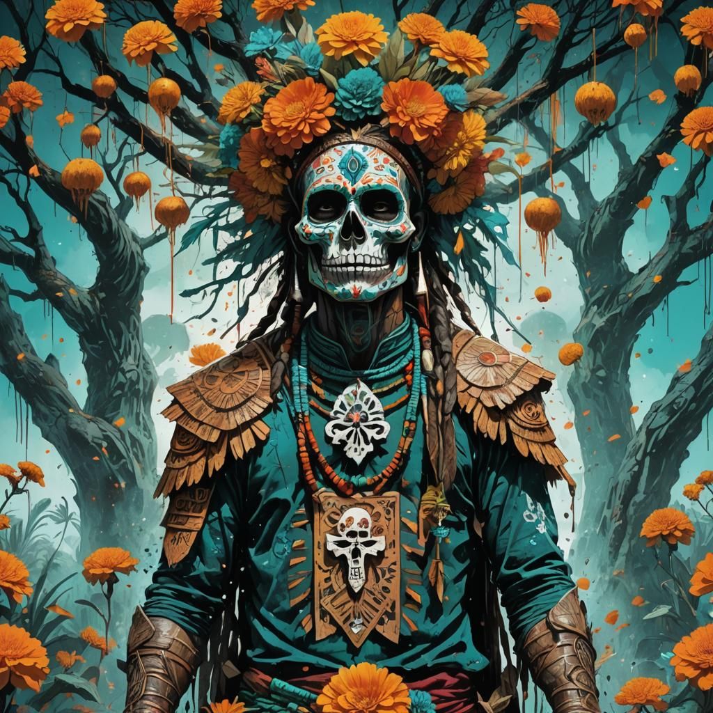 Dia de los Muertos Warrior in Ink Splatter Style