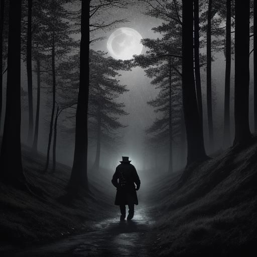 Eerie Forest Journey: Charcoal Drawing in Kittelsen Style